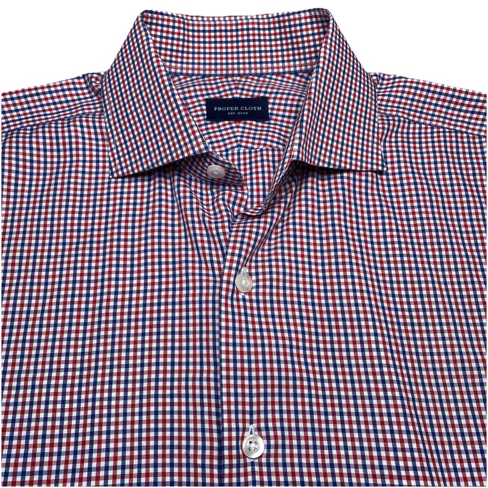 Proper Cloth Dress Shirt (M) Classic Cutaway Twill Red White Blue Micro Plaid
